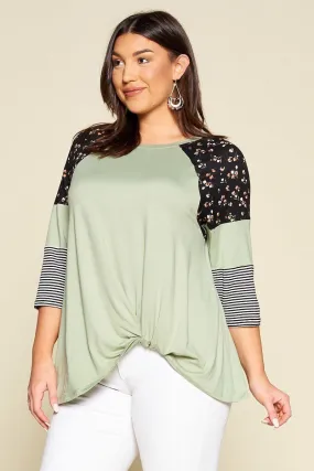 Plus Size Floral And Striped Color Block Sleeves Tunic Top With Side Twist