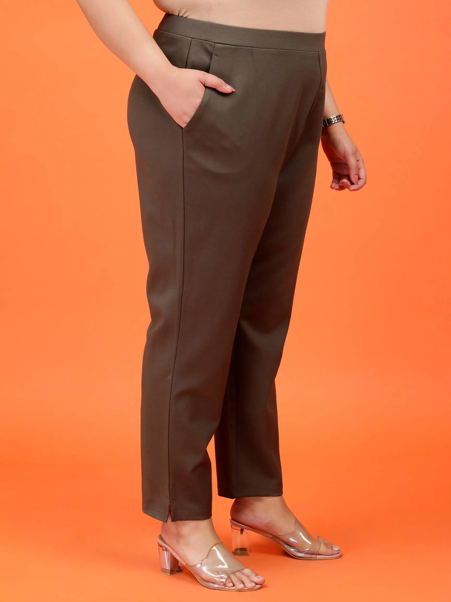 Plus Size Women Olive Green Cigarette Pants