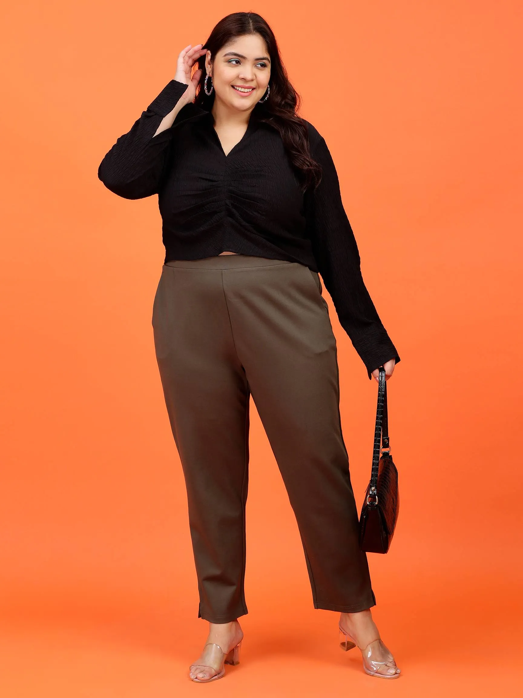 Plus Size Women Olive Green Cigarette Pants