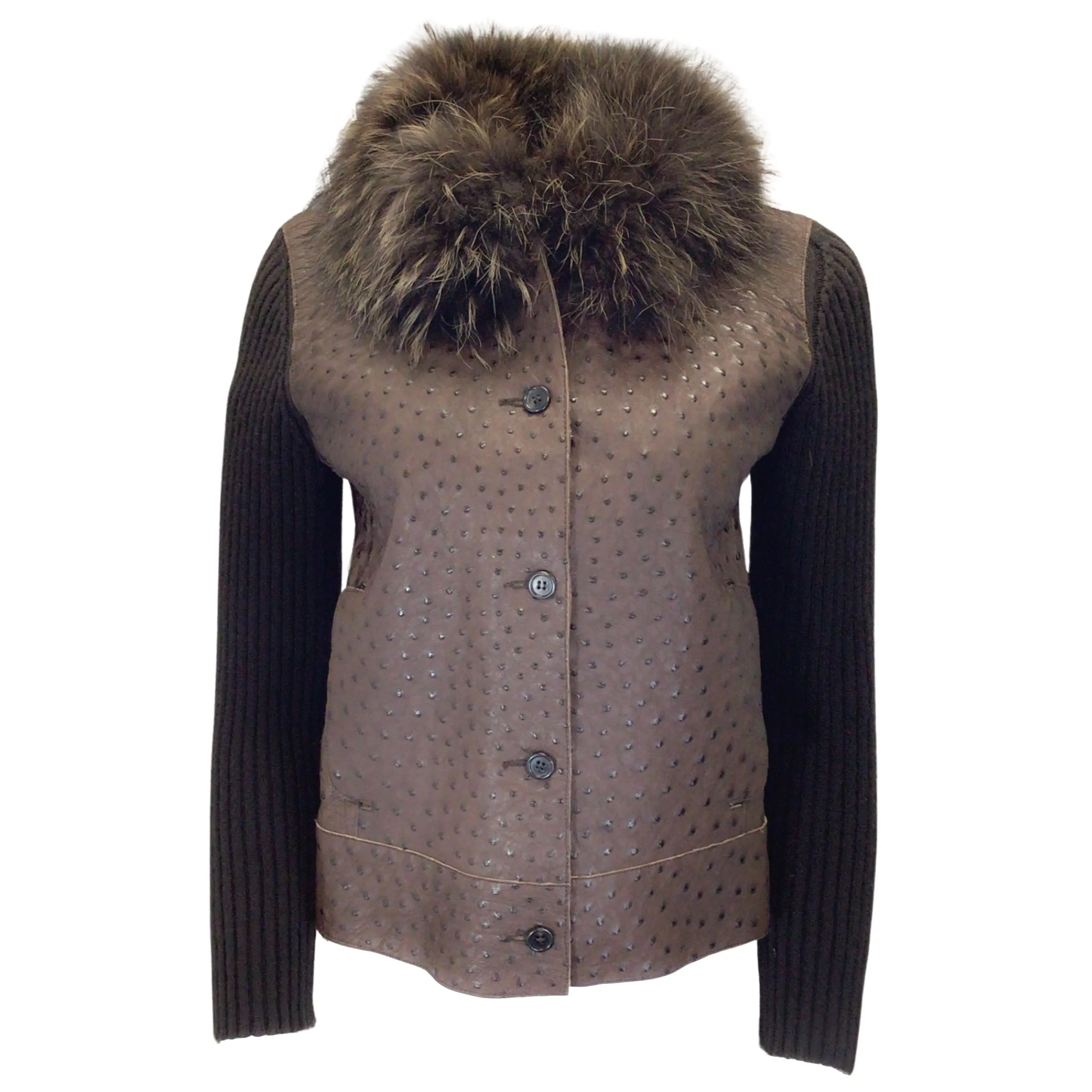 Prada Brown Raccoon Fur Collar Ostrich Skin Leather and Cashmere Knit Jacket