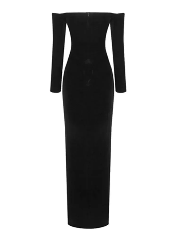 Pre Order: Elegant Black Long Sleeve Velvet Lace Dress