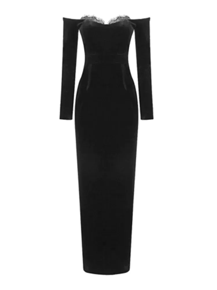 Pre Order: Elegant Black Long Sleeve Velvet Lace Dress