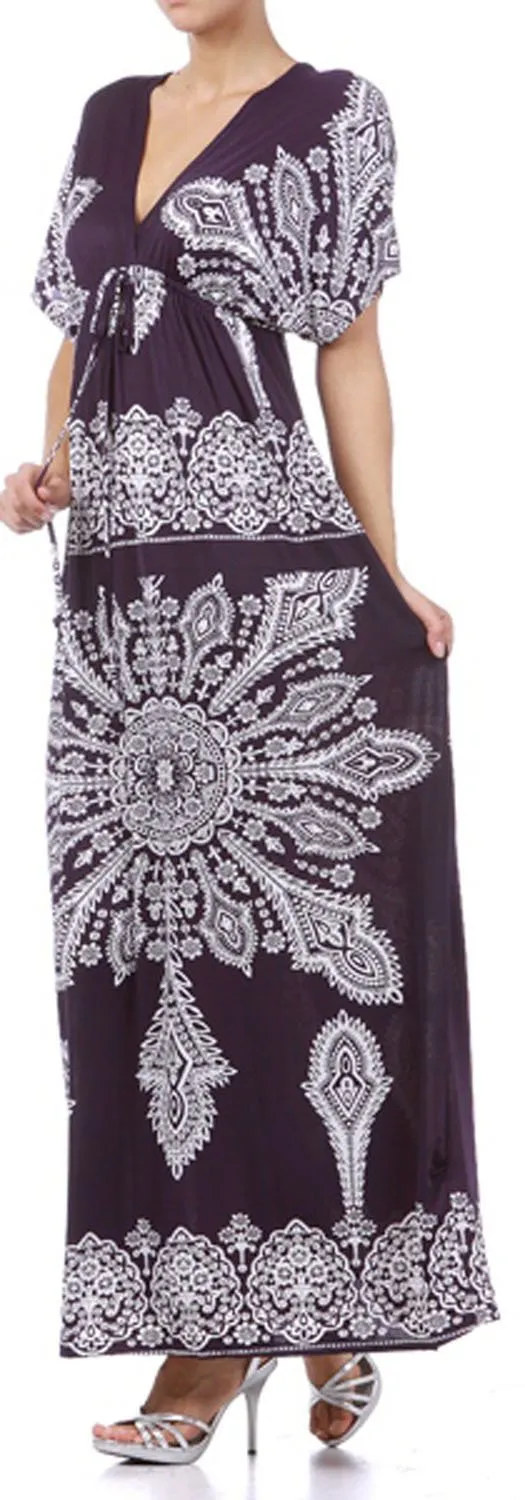 Printed V-Neck Cap Sleeve Empire Waist Long / Maxi Dress