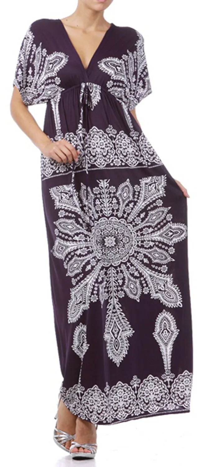 Printed V-Neck Cap Sleeve Empire Waist Long / Maxi Dress