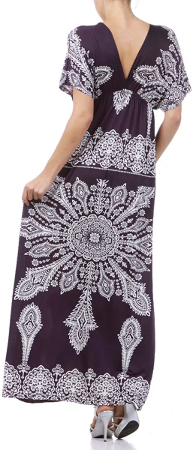 Printed V-Neck Cap Sleeve Empire Waist Long / Maxi Dress