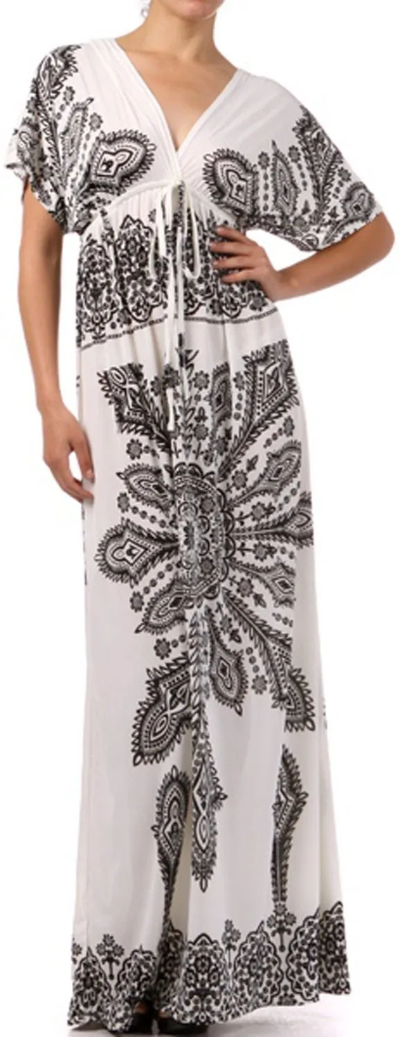 Printed V-Neck Cap Sleeve Empire Waist Long / Maxi Dress