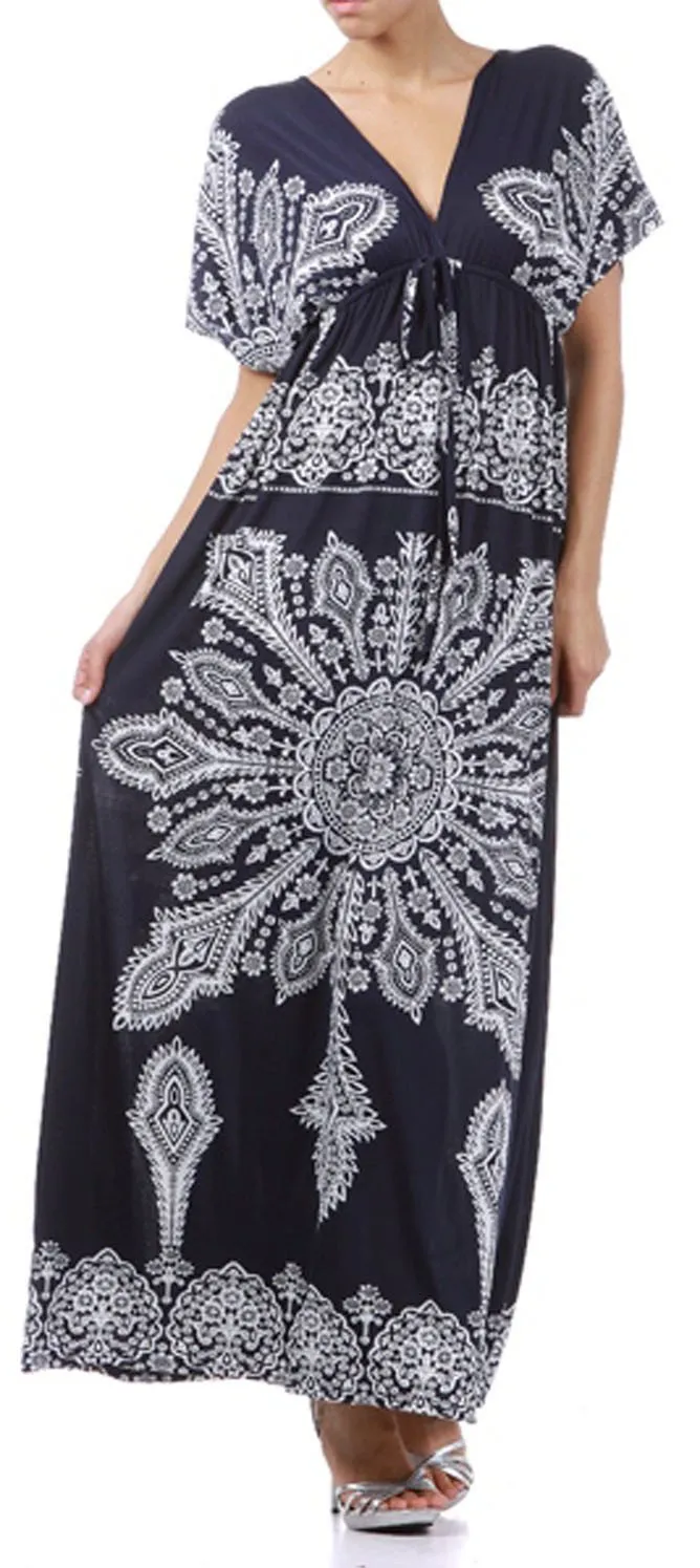 Printed V-Neck Cap Sleeve Empire Waist Long / Maxi Dress