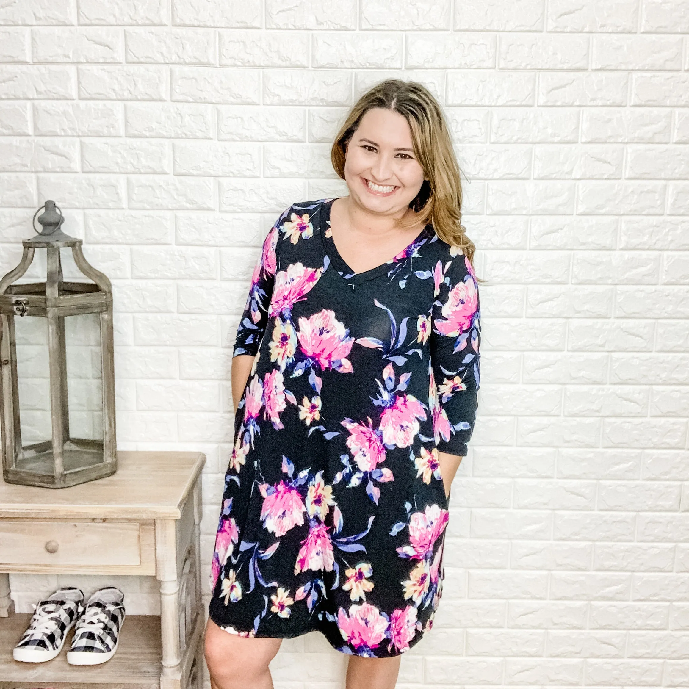 "Isabelle" Floral Tunic/Dress 3/4 Sleeve with Pockets (Black)