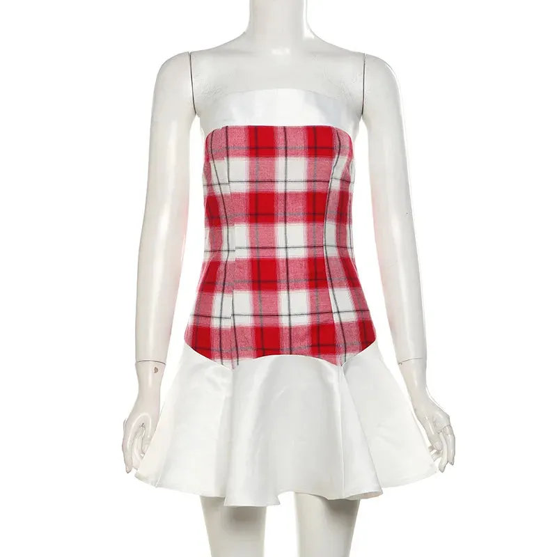 Red Plaid Print Summer Dress 2024 Cute Sexy Strapless Mini Bodycon Dress Y2k Coquette Korean Fashion Clothes P94-CH34