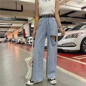 Retro Denim Light Blue Ripped Wide Loose Pants