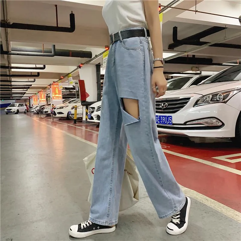 Retro Denim Light Blue Ripped Wide Loose Pants