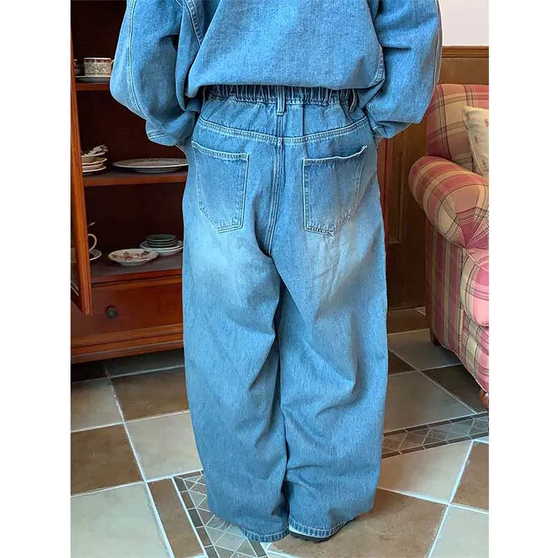 Retro Elastic Waist Straight Denim Wide Leg Pants