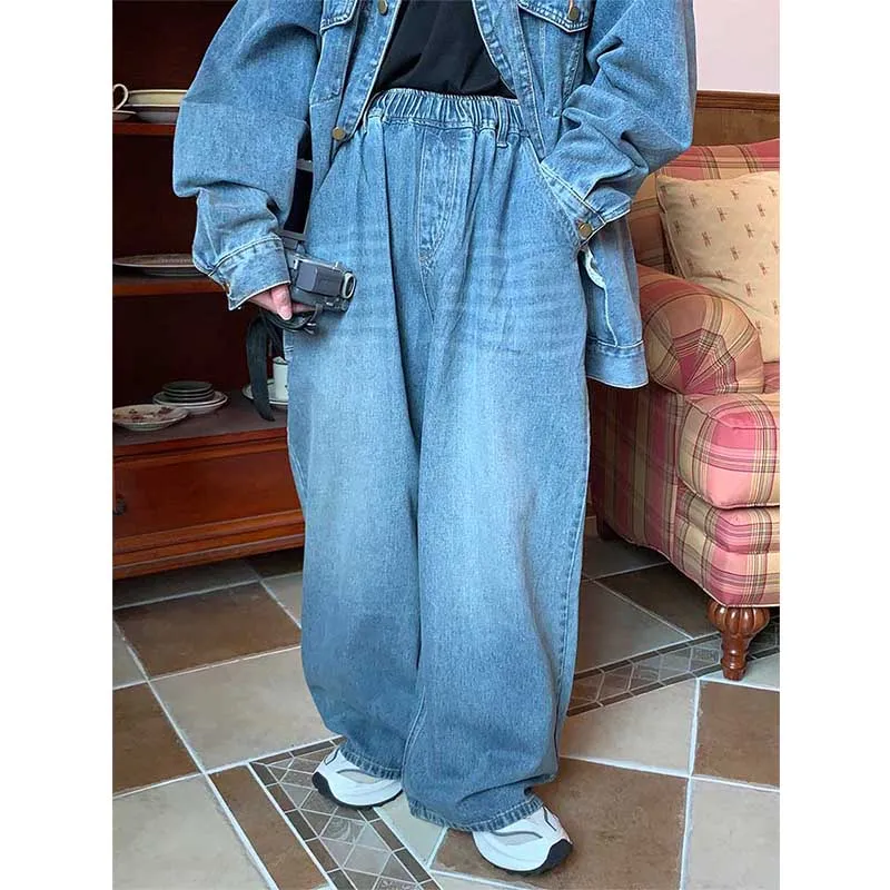 Retro Elastic Waist Straight Denim Wide Leg Pants