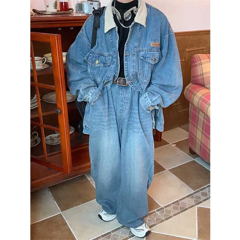 Retro Elastic Waist Straight Denim Wide Leg Pants