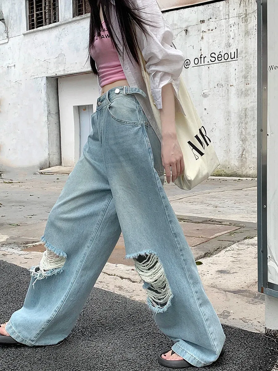 Retro Straight Wide Leg Women Street Waist Adjustable Washed Denim Jeans