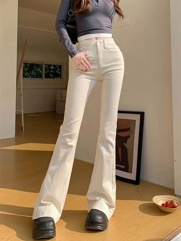 Retro Women 2024 Spring New Fashion High Waist Ladies Slim Fit White Bell-bottomed Jeans