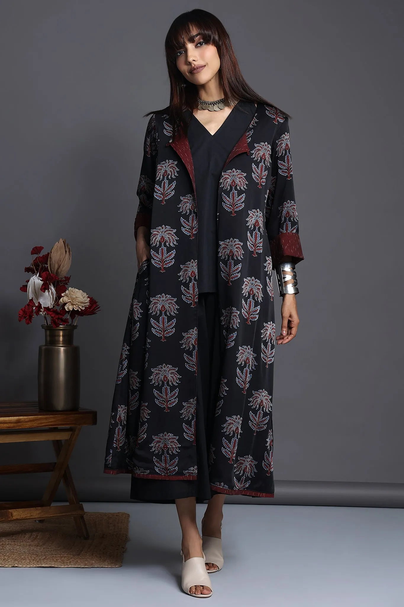 reversible choga (only jacket) - burgundy blooms & midnight oasis