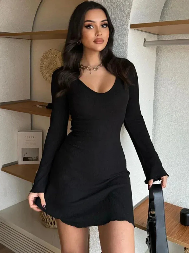 Ribbed Black Bodycon Dress Elegant Fashion Spring 2024 Women Clothes V Neck Long Sleeve Short Dresses Casual C16-BE28