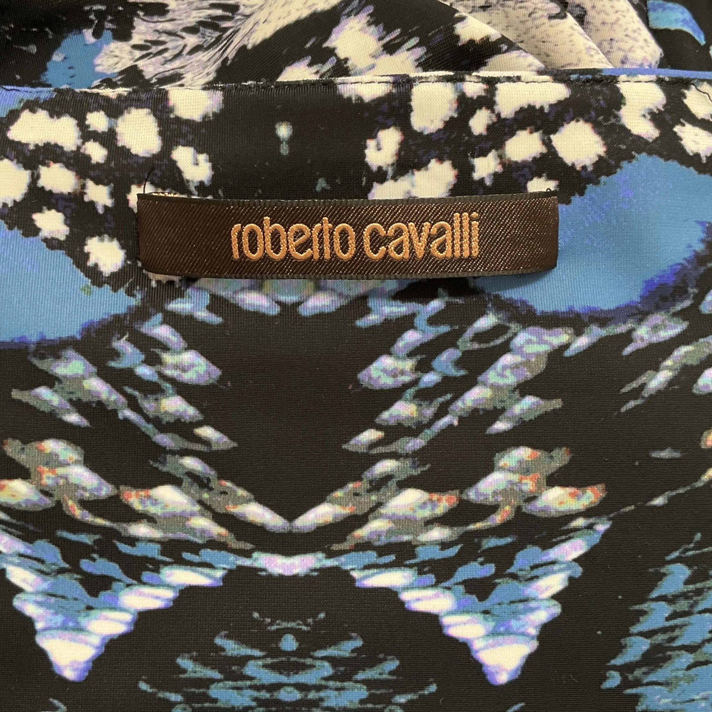 Roberto Cavalli Blue Multi Print Ruched Bodycon Dress