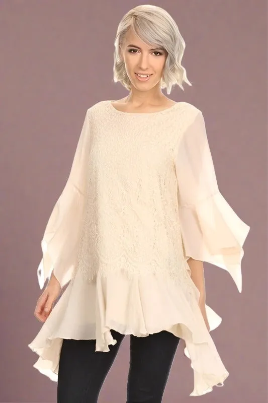 Sassy Bling Shark Bite Lace Layer Tunic - Beige