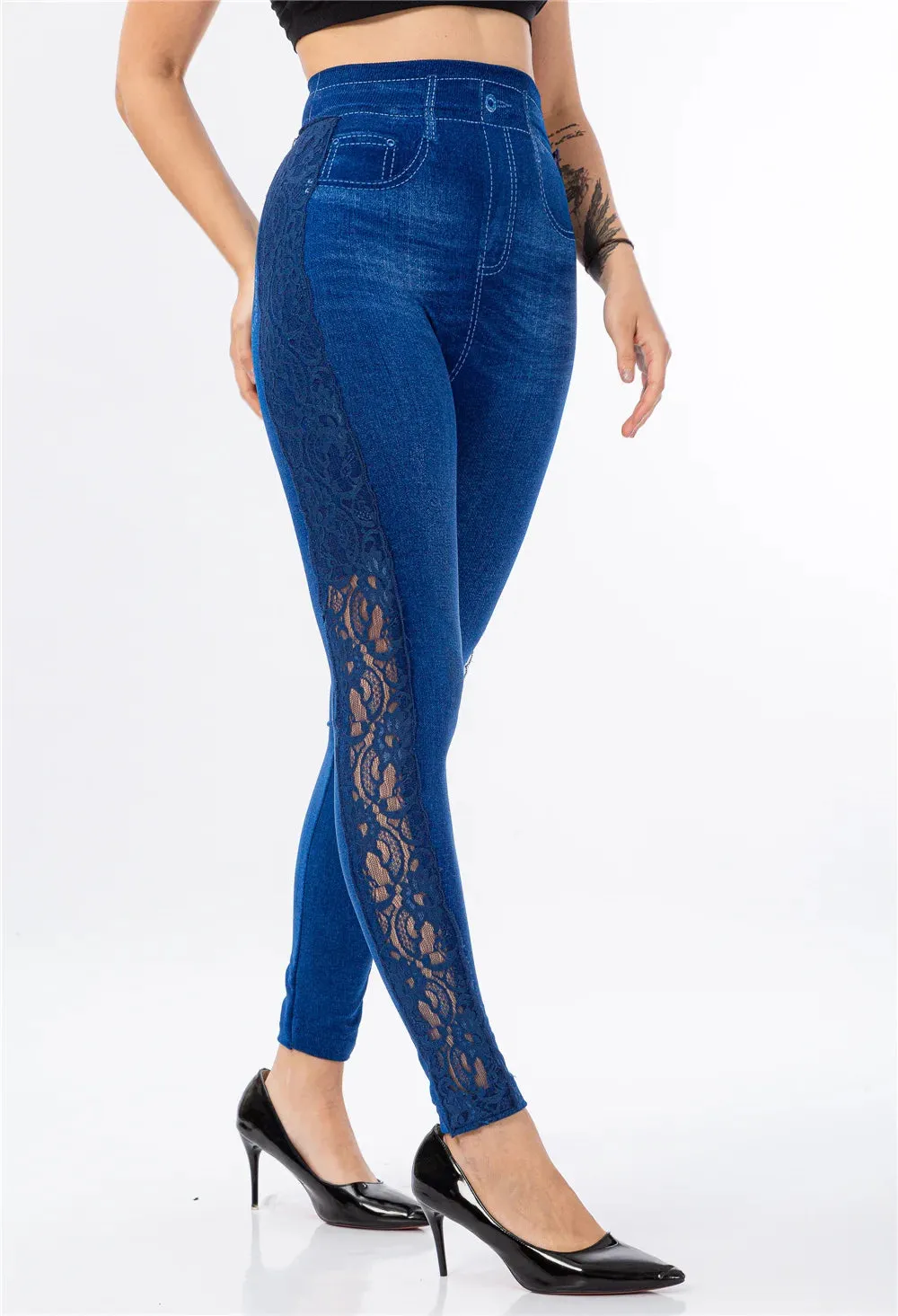 See-Through Lace Leggings High Waist Imitation Denim Legging Women Elastic Jeggings Printing Casual Trousers Pencil Pants