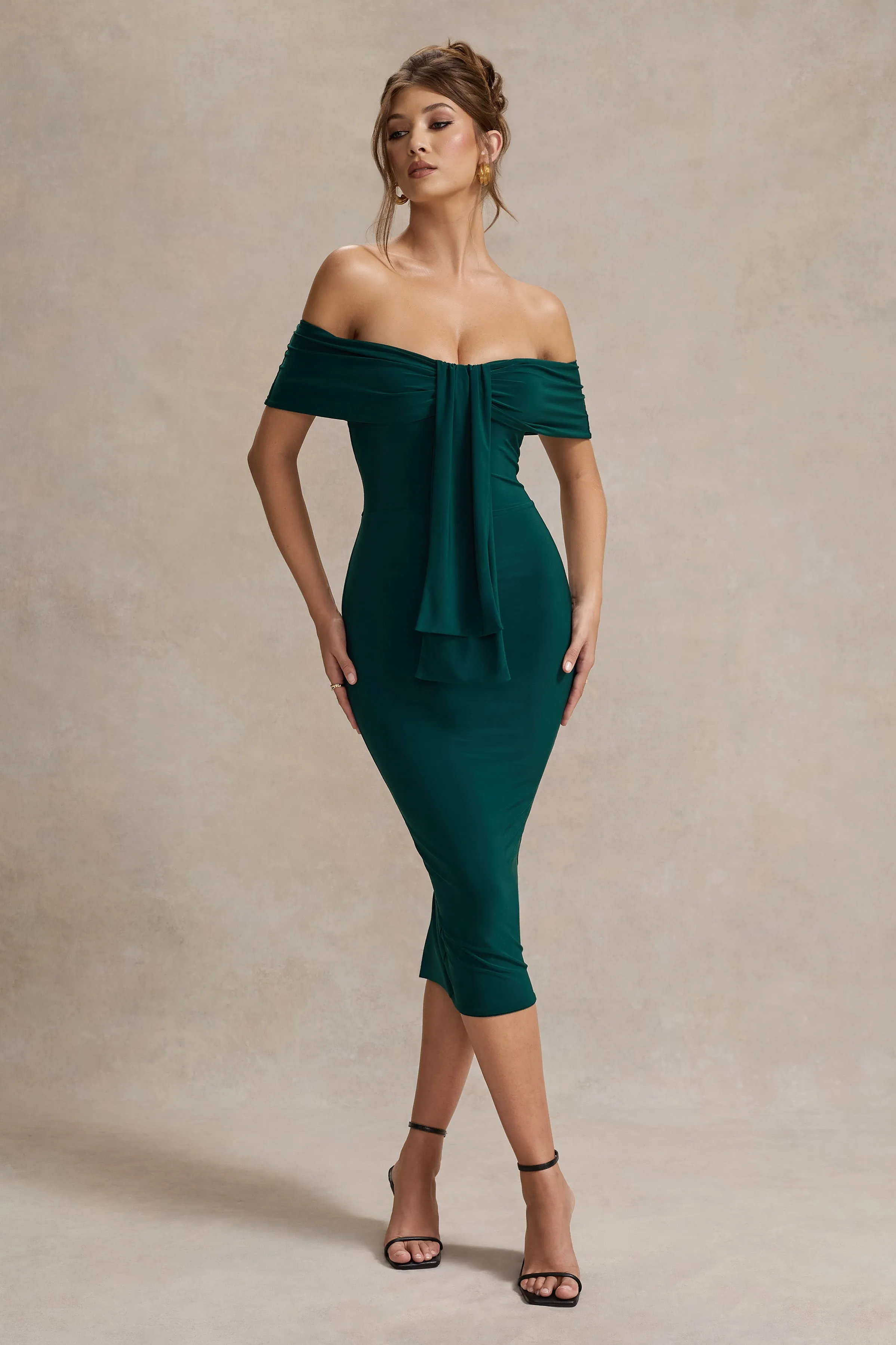 Selbie | Bottle Green Bardot Midi Dress With Drape