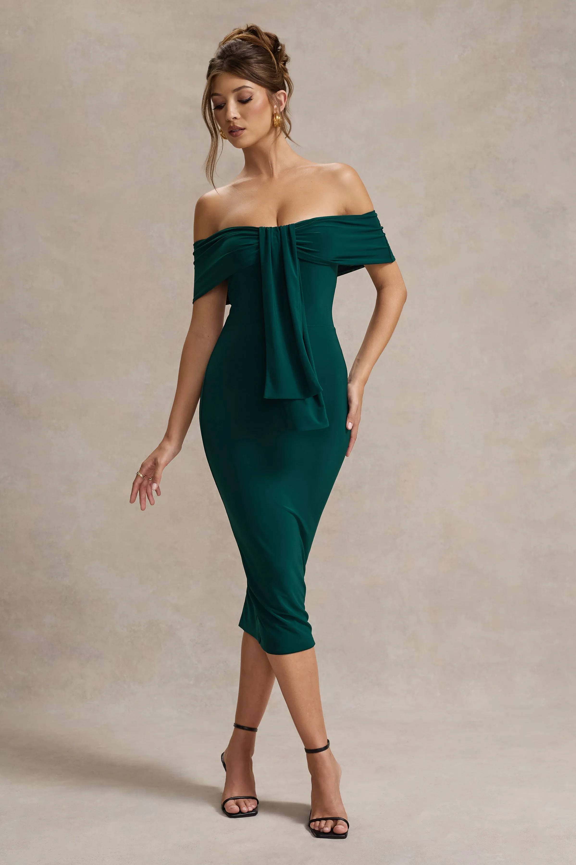 Selbie | Bottle Green Bardot Midi Dress With Drape