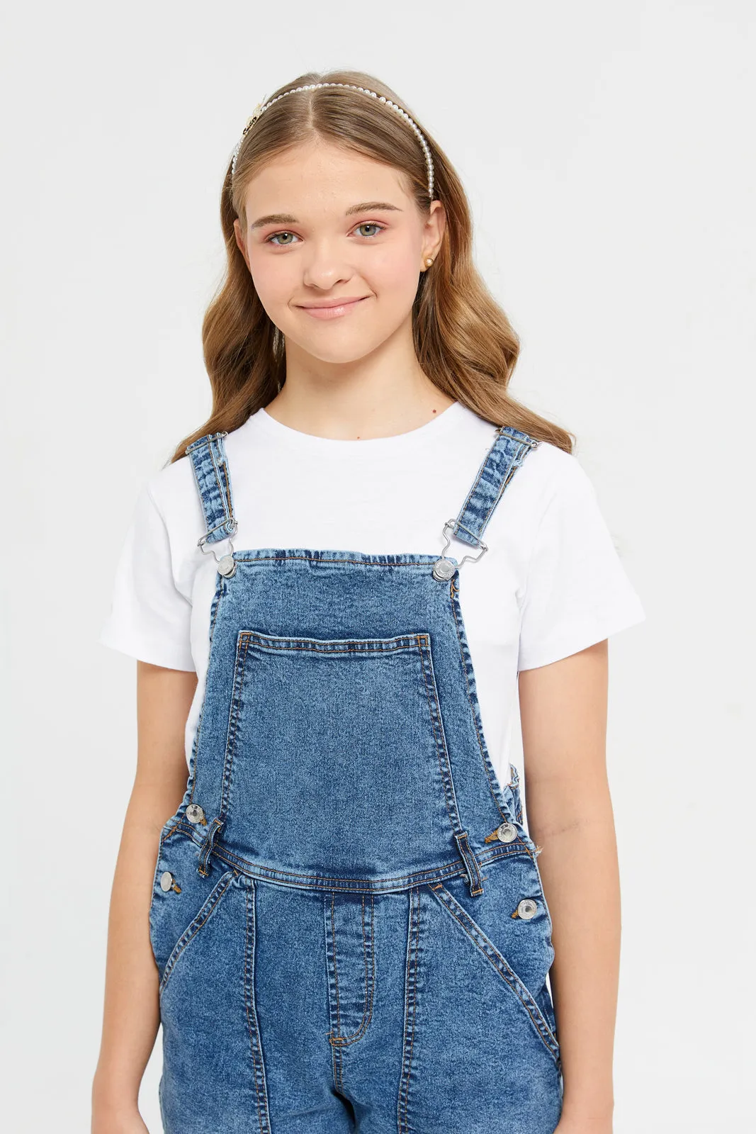 Senior Girls Blue And White Denim Dungarees With Top (2 Piece)