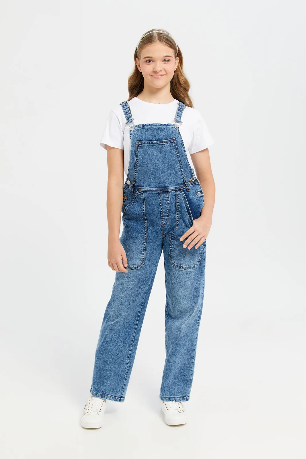 Senior Girls Blue And White Denim Dungarees With Top (2 Piece)