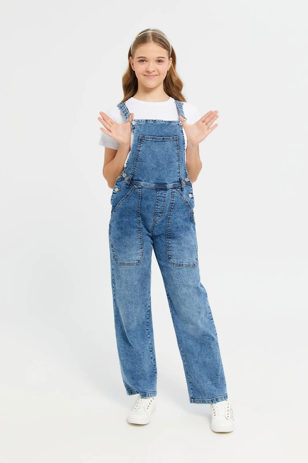 Senior Girls Blue And White Denim Dungarees With Top (2 Piece)