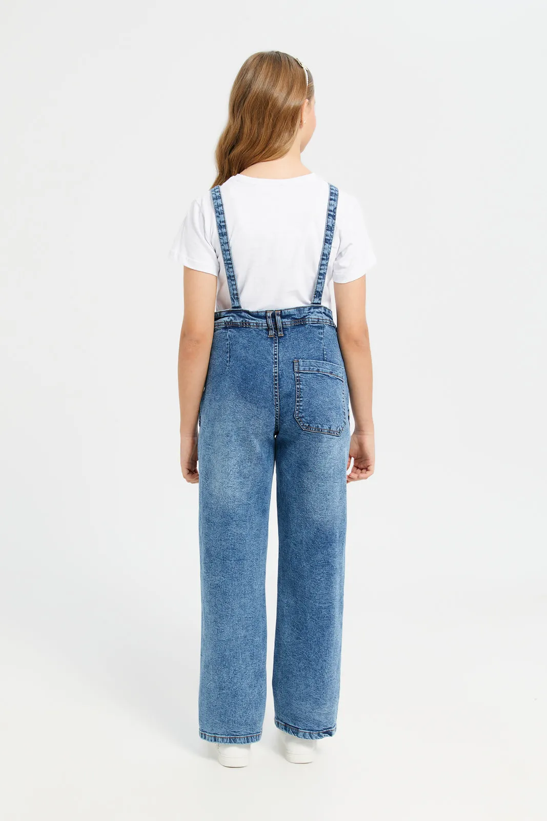 Senior Girls Blue And White Denim Dungarees With Top (2 Piece)