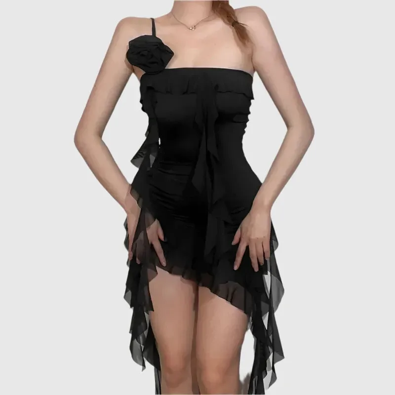 Sexy Bodycon Dress Black Club Outfits Asymmetrical Floral Applique Ruffle Fringed One Shoulder Short Dresses P71-CG25