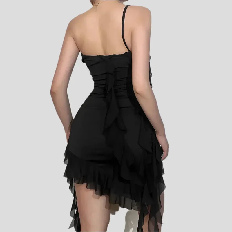 Sexy Bodycon Dress Black Club Outfits Asymmetrical Floral Applique Ruffle Fringed One Shoulder Short Dresses P71-CG25