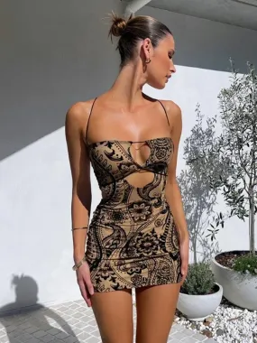 Sexy Hollow Out Backless Spaghetti Strap Mini Dress Vintage Print Bodycon Short Dresses 2023 Fashion Women C66-CC14