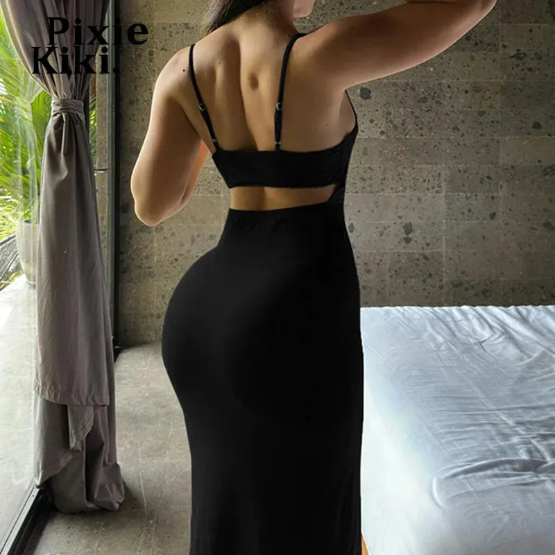 Sexy Summer Spaghetti Strap Bodycon Dress Green Black Cut Out Backless Split Midi Dresses for Women Clothes P77-BG15