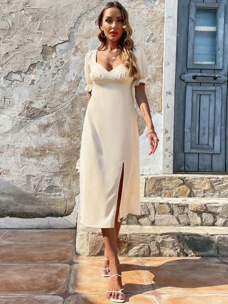 Short Side Maxi Neck Backless Slit Women Fashion V Sleeve Dress Dress