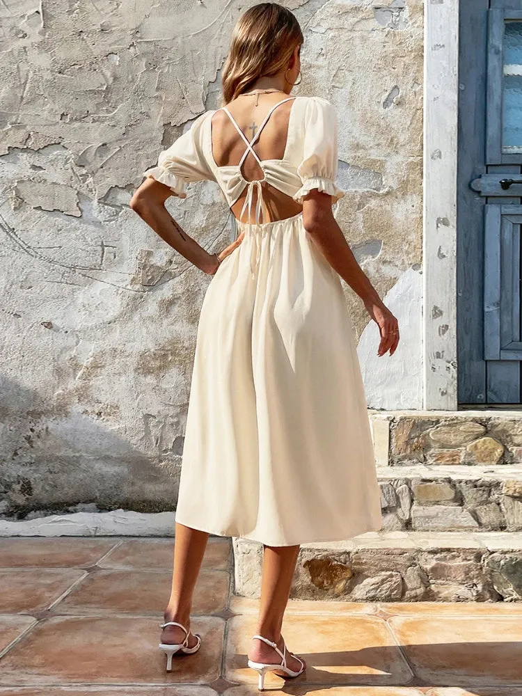 Short Side Maxi Neck Backless Slit Women Fashion V Sleeve Dress Dress