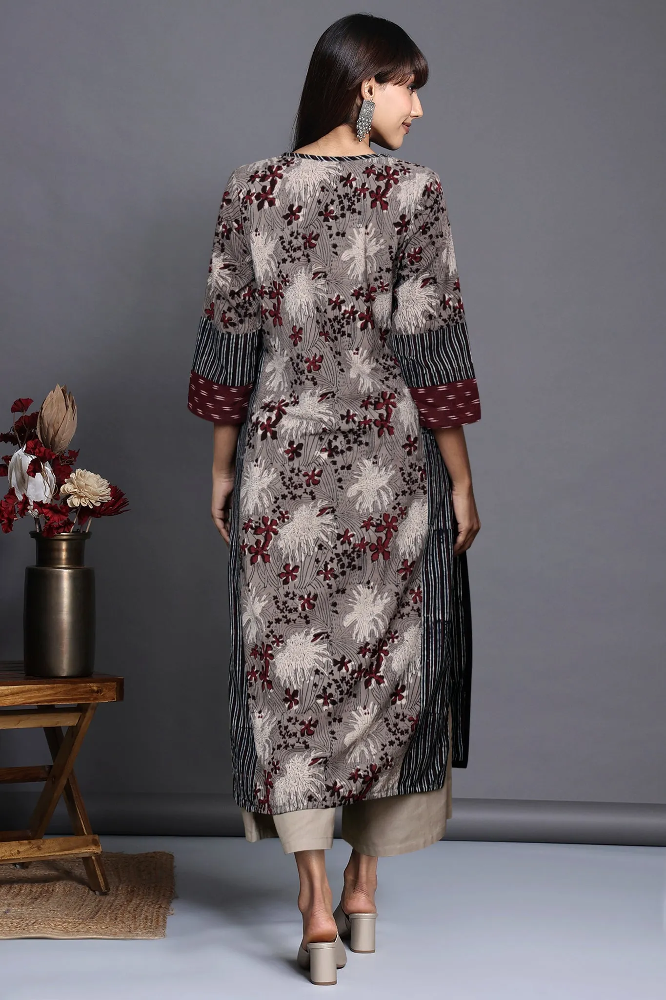 side panel long kurta - grey dreamscape & floral mirage