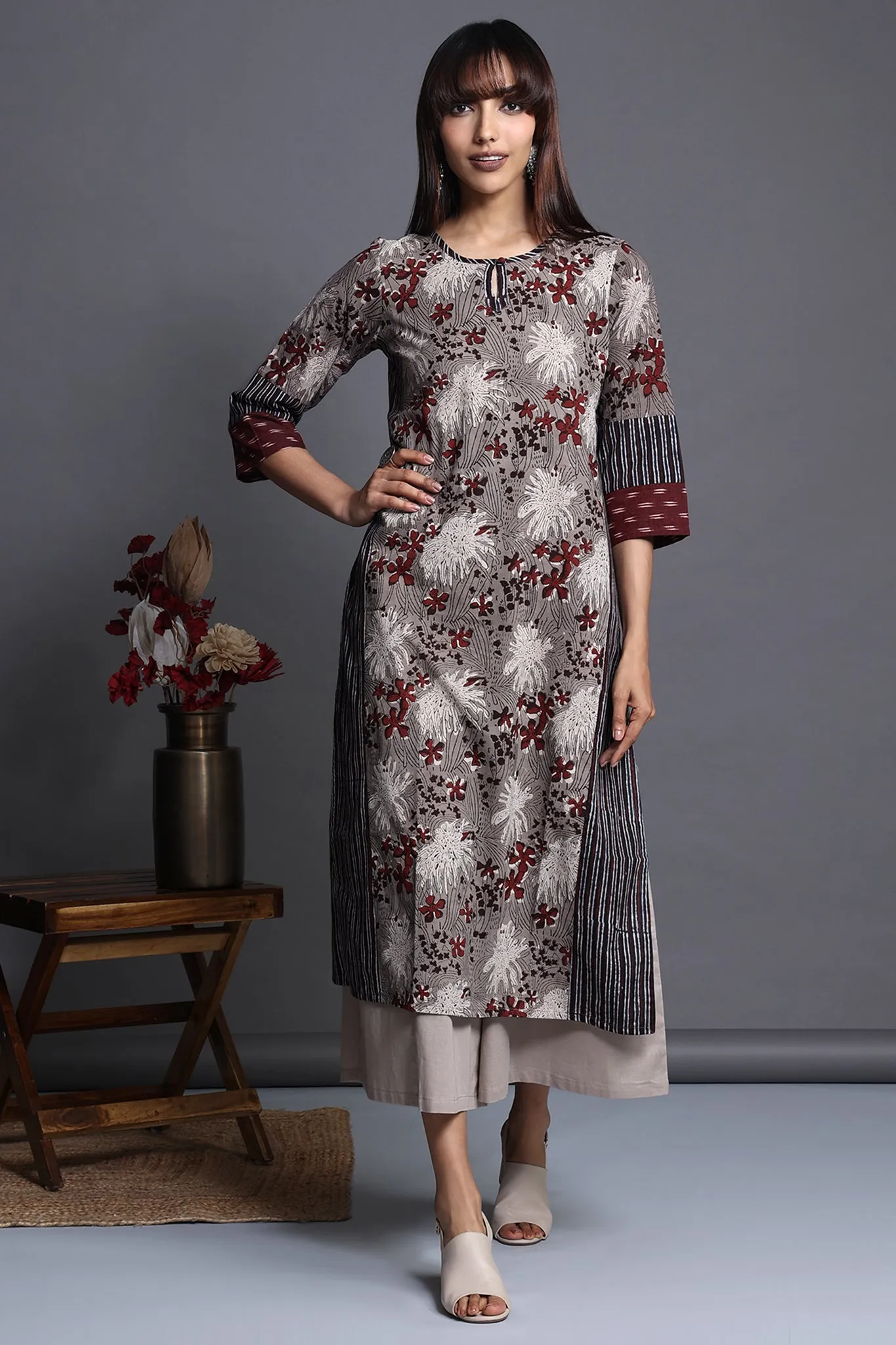 side panel long kurta - grey dreamscape & floral mirage