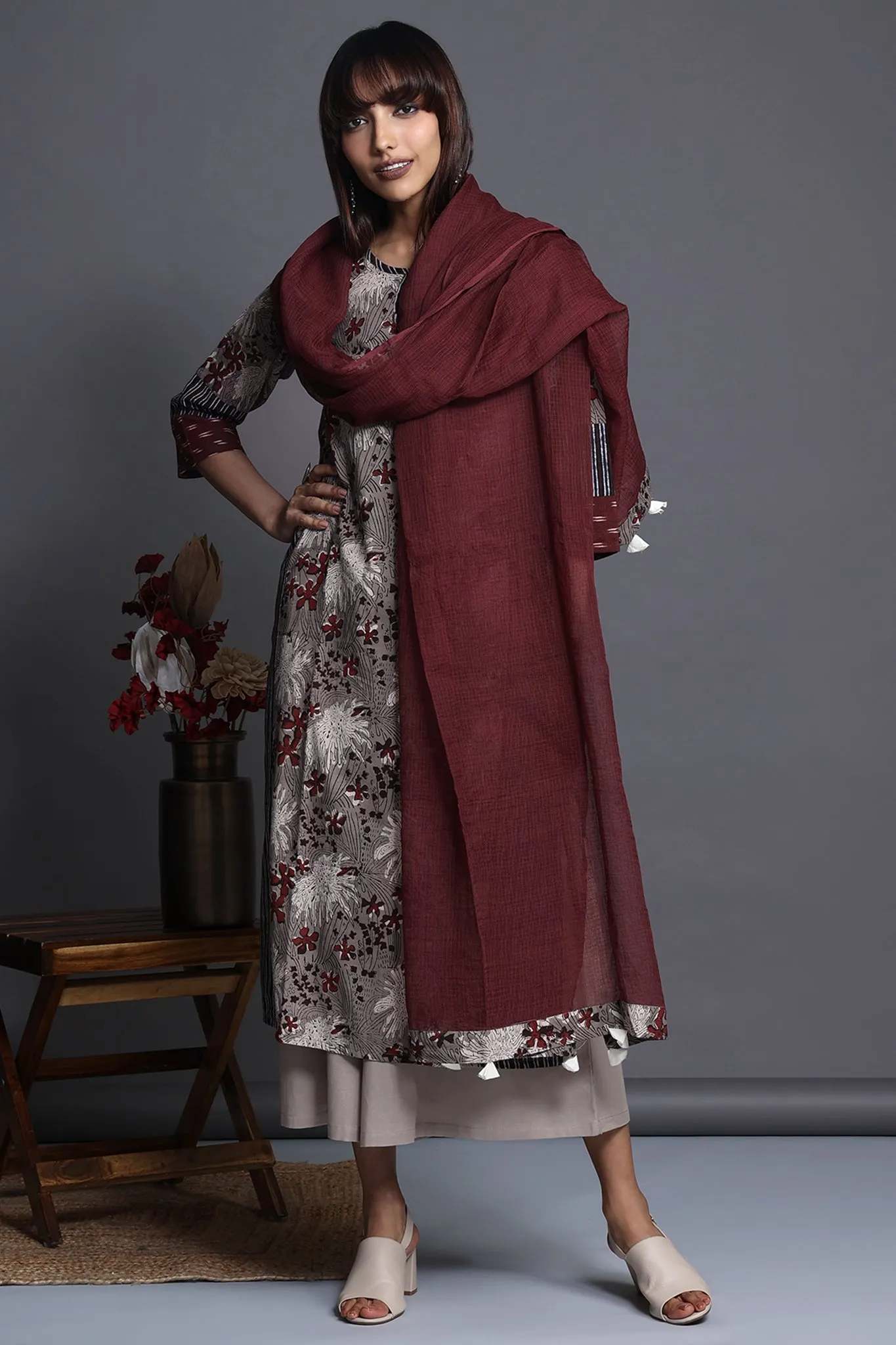 side panel long kurta - grey dreamscape & floral mirage