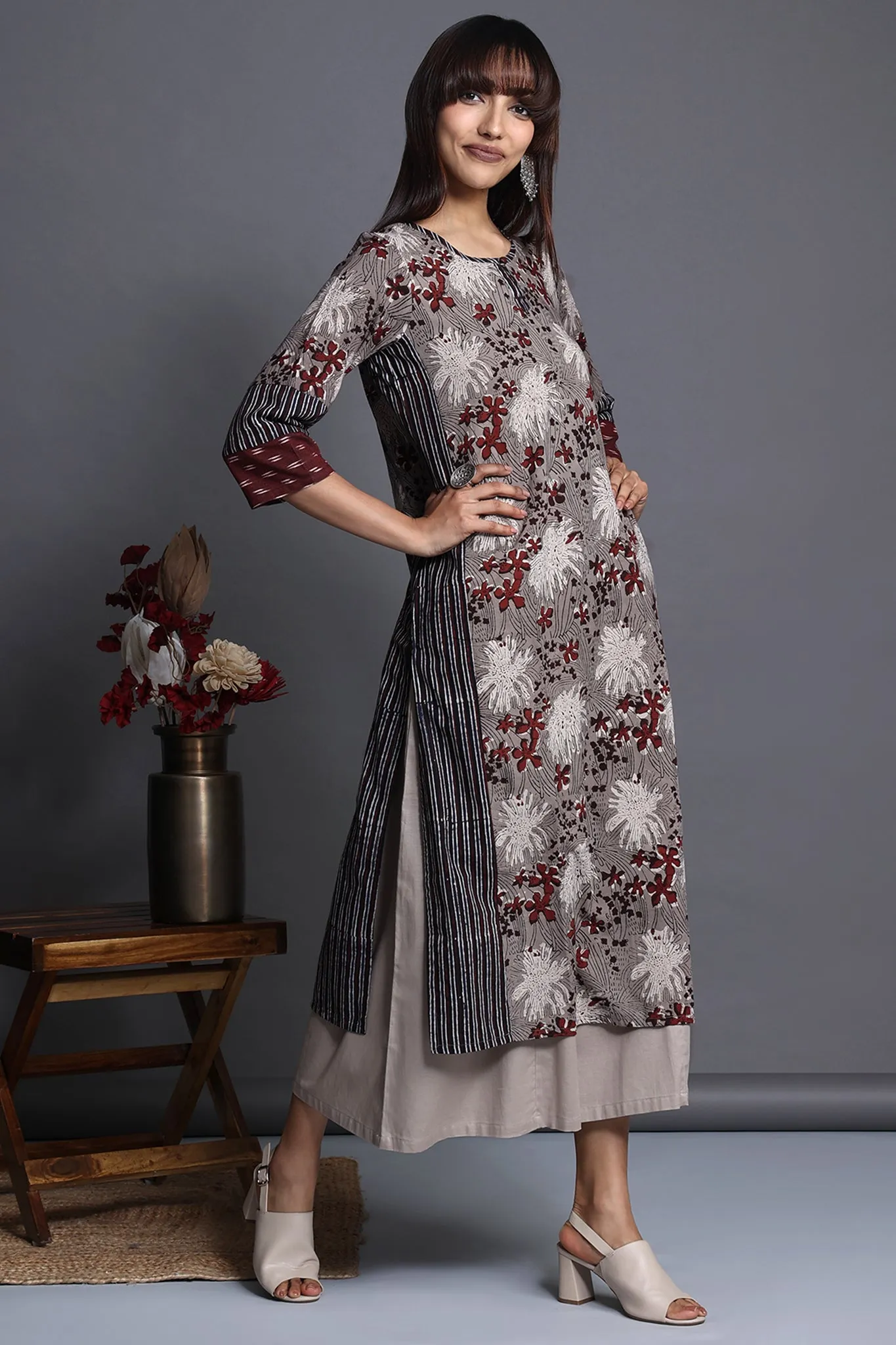 side panel long kurta - grey dreamscape & floral mirage