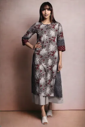 side panel long kurta - grey dreamscape & floral mirage