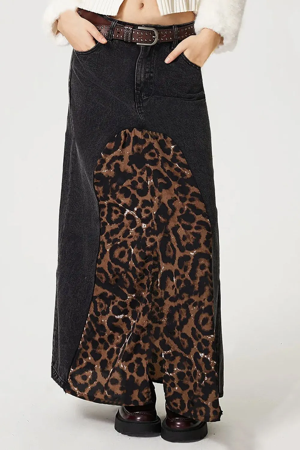 Slit Leopard Midi Denim Skirt