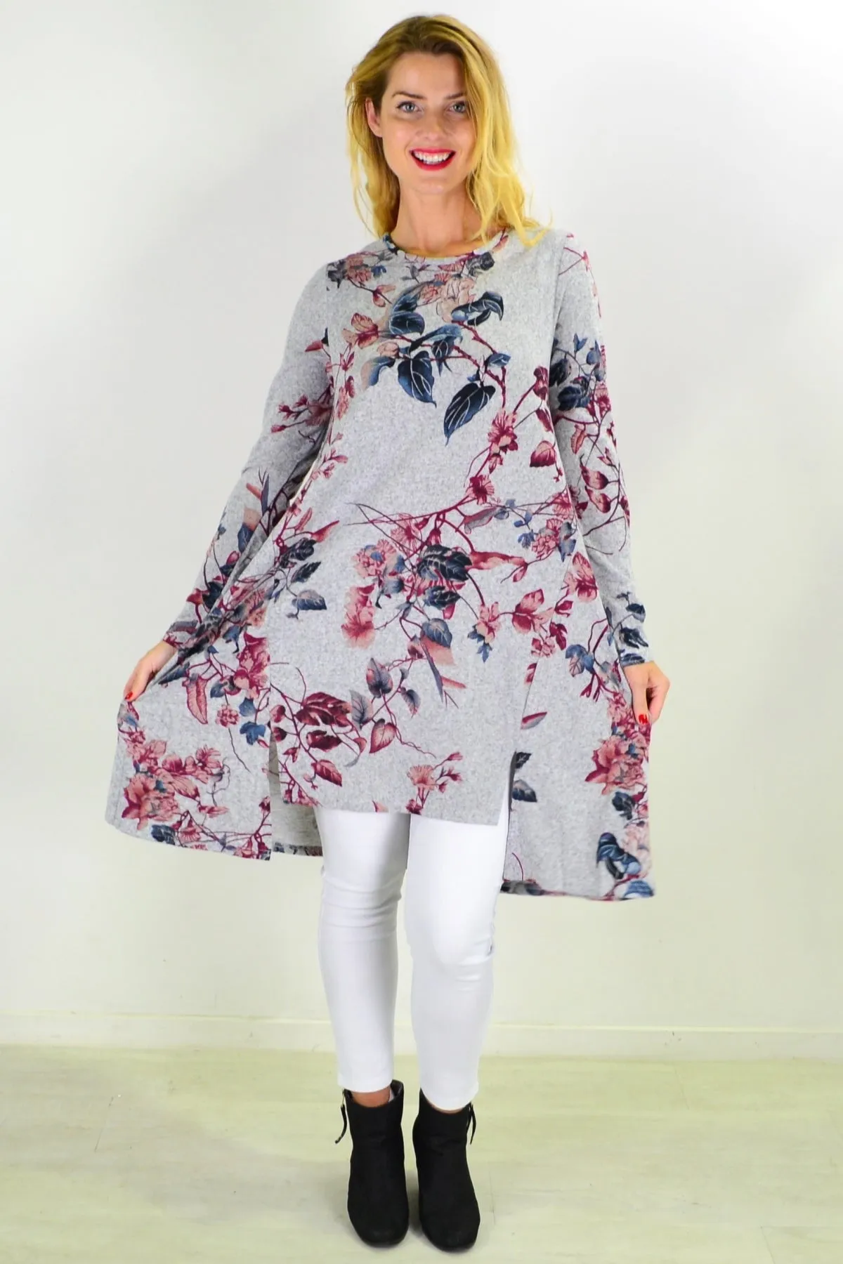 Soft Pinky Autumn Leaf Fleece Tunic Dress