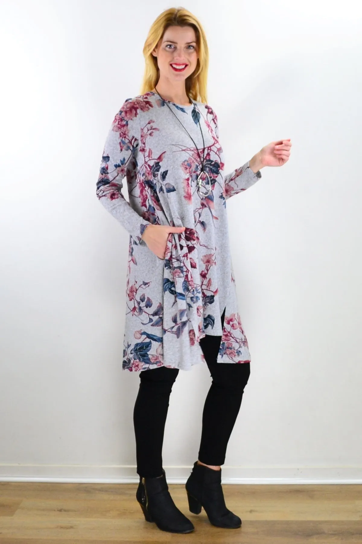 Soft Pinky Autumn Leaf Fleece Tunic Dress