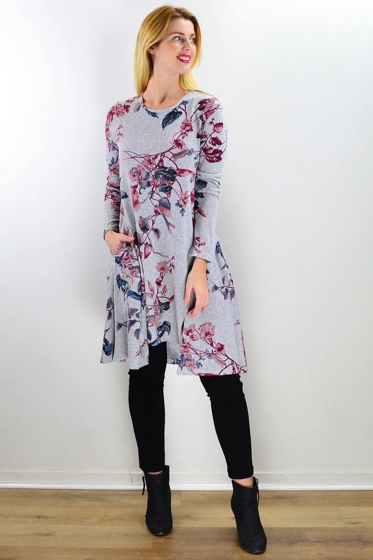 Soft Pinky Autumn Leaf Fleece Tunic Dress