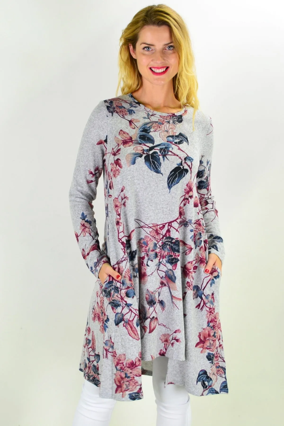 Soft Pinky Autumn Leaf Fleece Tunic Dress