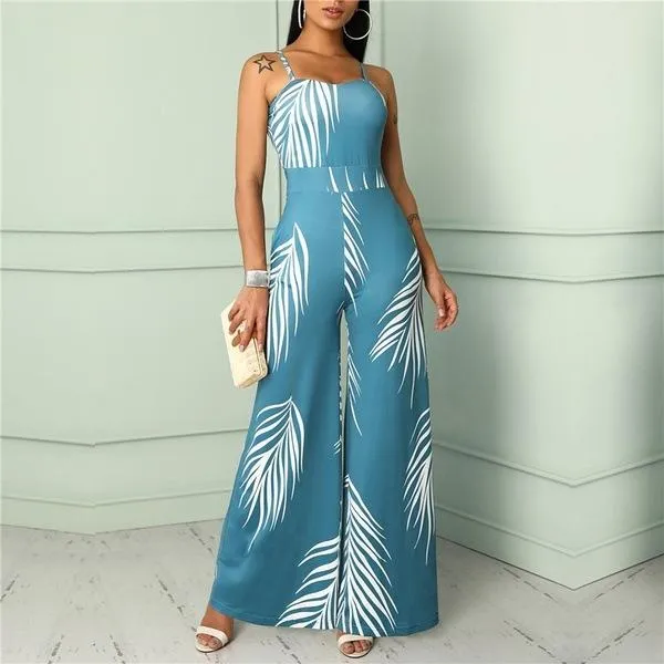 Spaghetti-Strap Floral Jumpsuit Sexy High Waist Jumpsuit