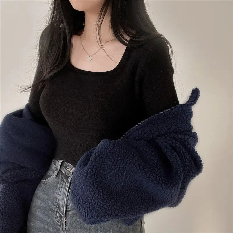 Stand-up Collar Thermal Faux Lamb Fur Sweater