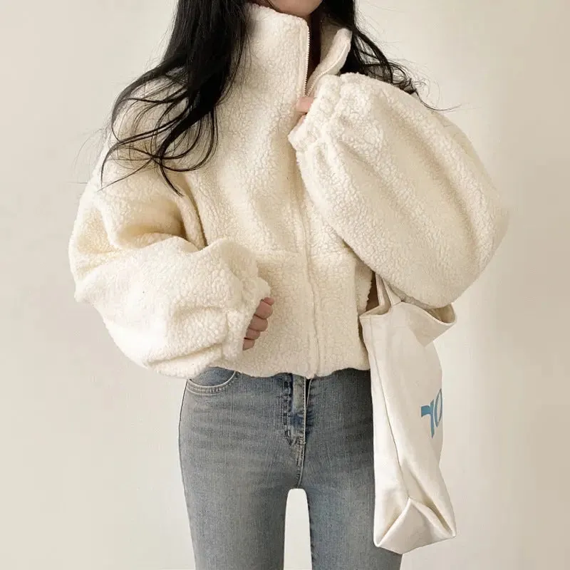 Stand-up Collar Thermal Faux Lamb Fur Sweater